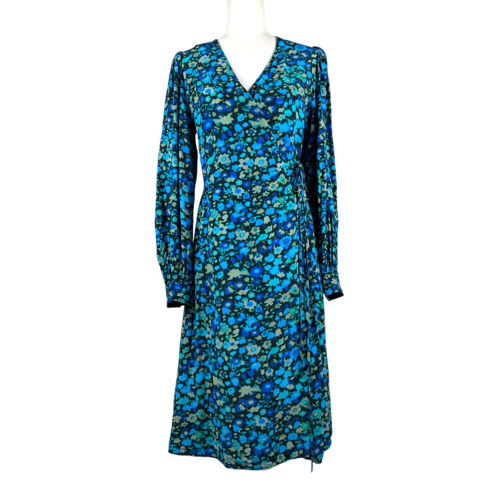 GANNI Size 8 Silk Blend Wrap Dress Long Sleeve Floral